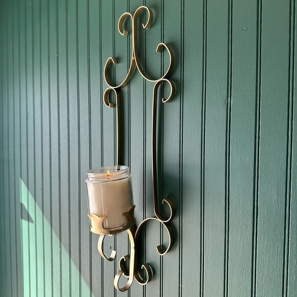 Gold Painted Wrought Iron Metal Vintage Wall Sconce Candle Holder Moody Gothic - Picture 2 of 5